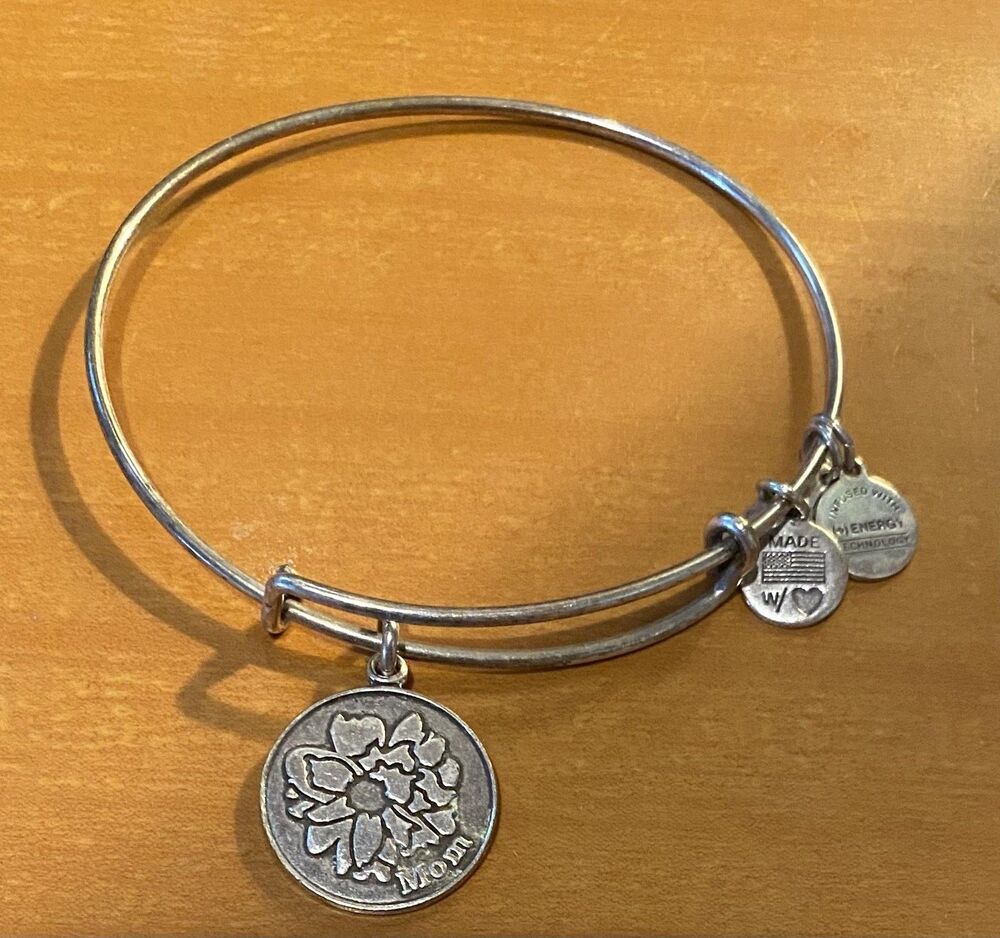 Alex And Ani Mom Flower Charm Bangle Bracelet Silver Tone 7 Inch Expandable